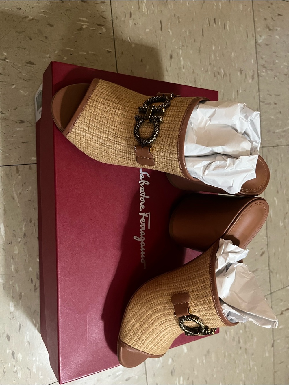 Ferragamo Woven Straw Slide Sandals in Tan with Decorative Chain - Picture 5 of 11